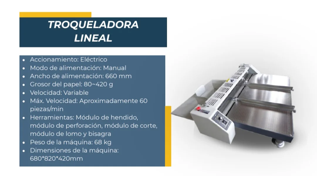 Troqueladora Lineal — Troqueladora lineal para hendido, perforación y corte. Kethal Business, Lima, Perú